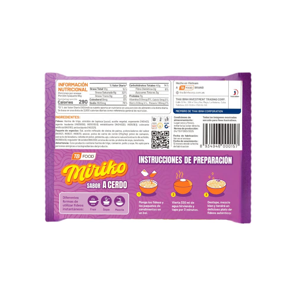 Sopa instantánea de fideos sabor a cerdo Miriko (65 g / 2.29 oz) - Miniatura 2