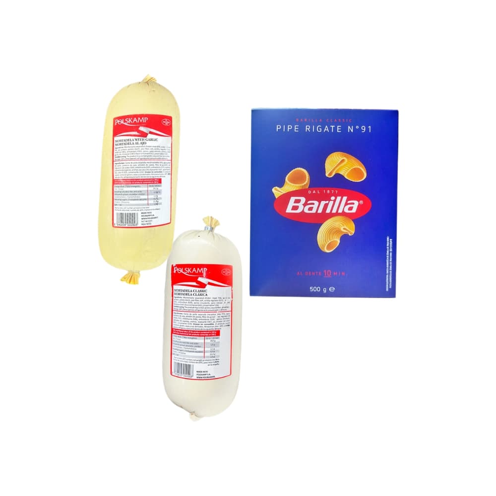 Pasta pipe rigate No. 91 + Mortadela clásica + Mortadella al ajo - Imagen 1