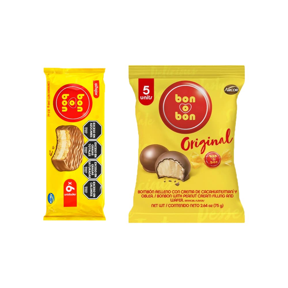 Alfajor de chocolate con leche relleno con crema de maní Bon o Bon Arcor (240 g / 8.5 oz) + Bombón original relleno con crema de cacahuate / maní y oblea Bon o Bon (75 g / 2.64 oz) - Miniatura 1