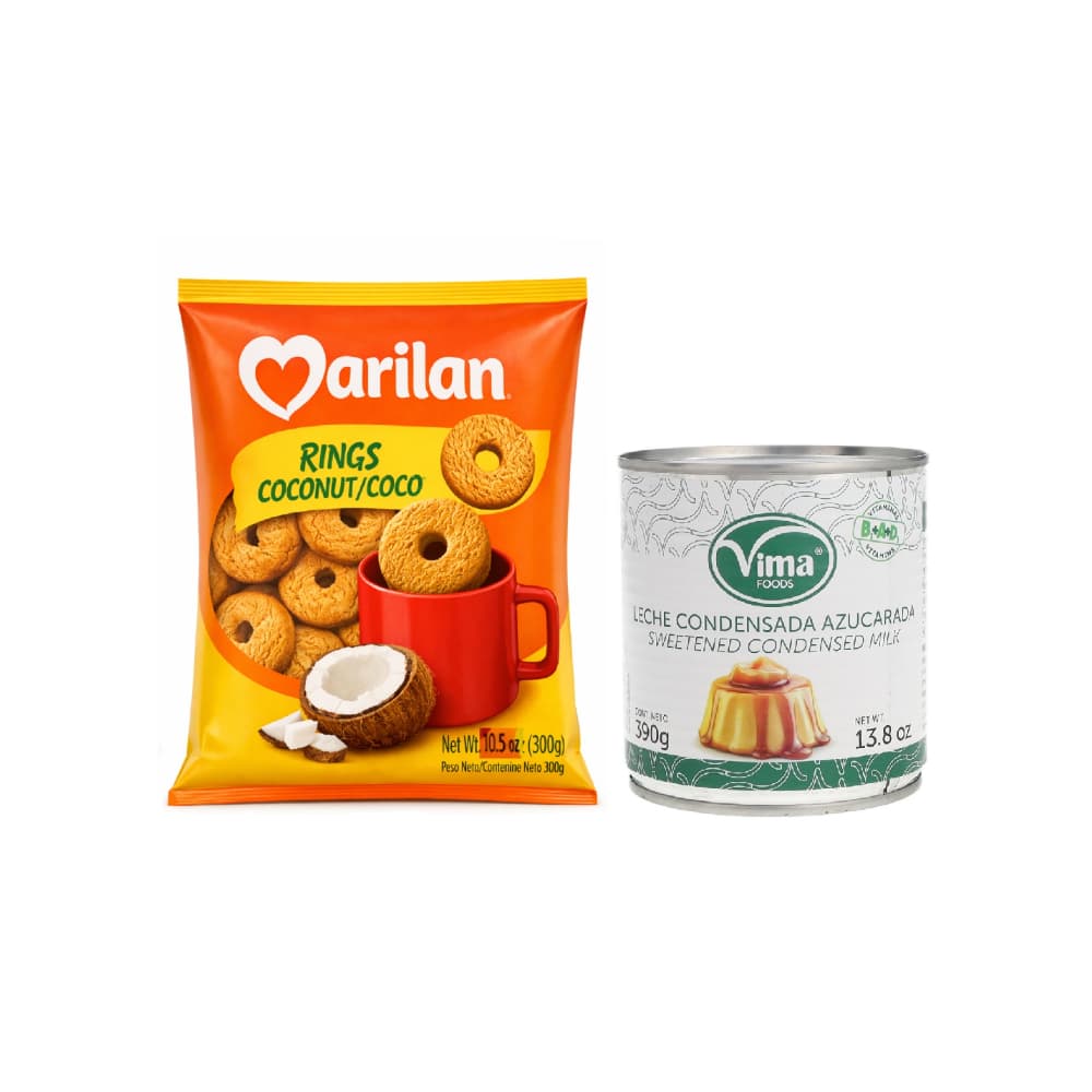 Leche condensada azucarada Vima Foods (390 g / 13.8 oz) + Galleta de coco con forma de rosquilla Rings Marilan (300 g / 10.58 oz) - Miniatura 1