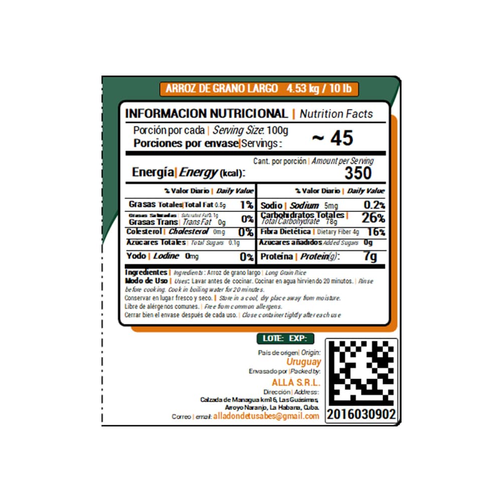 Arroz de grano largo ALLÁ (4.53 kg / 10 lb) - Miniatura 2