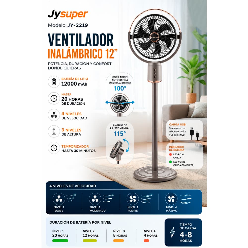 Ventilador recargable 3 en 1 color gris 12" JySuper JY-2219 - Miniatura 2