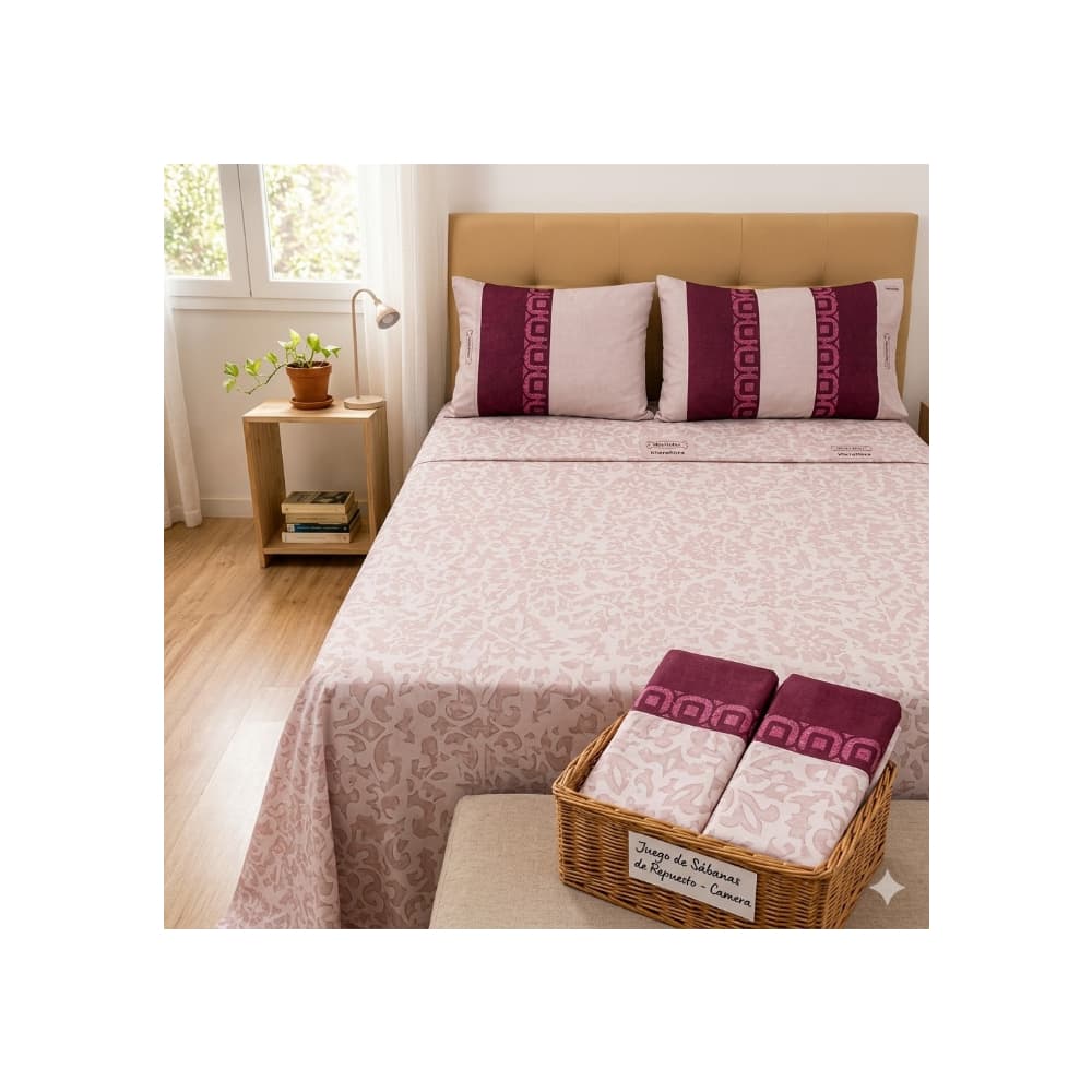 Juego de 3 piezas de sábanas estampadas color rosa palo y rojo vino Multisell - Miniatura 5