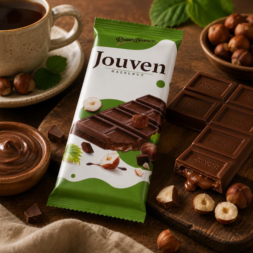 Tableta de chocolate rellena de crema de avellanas Jouven Rosso Bianco (50 g / 1.76 oz) - Miniatura 4
