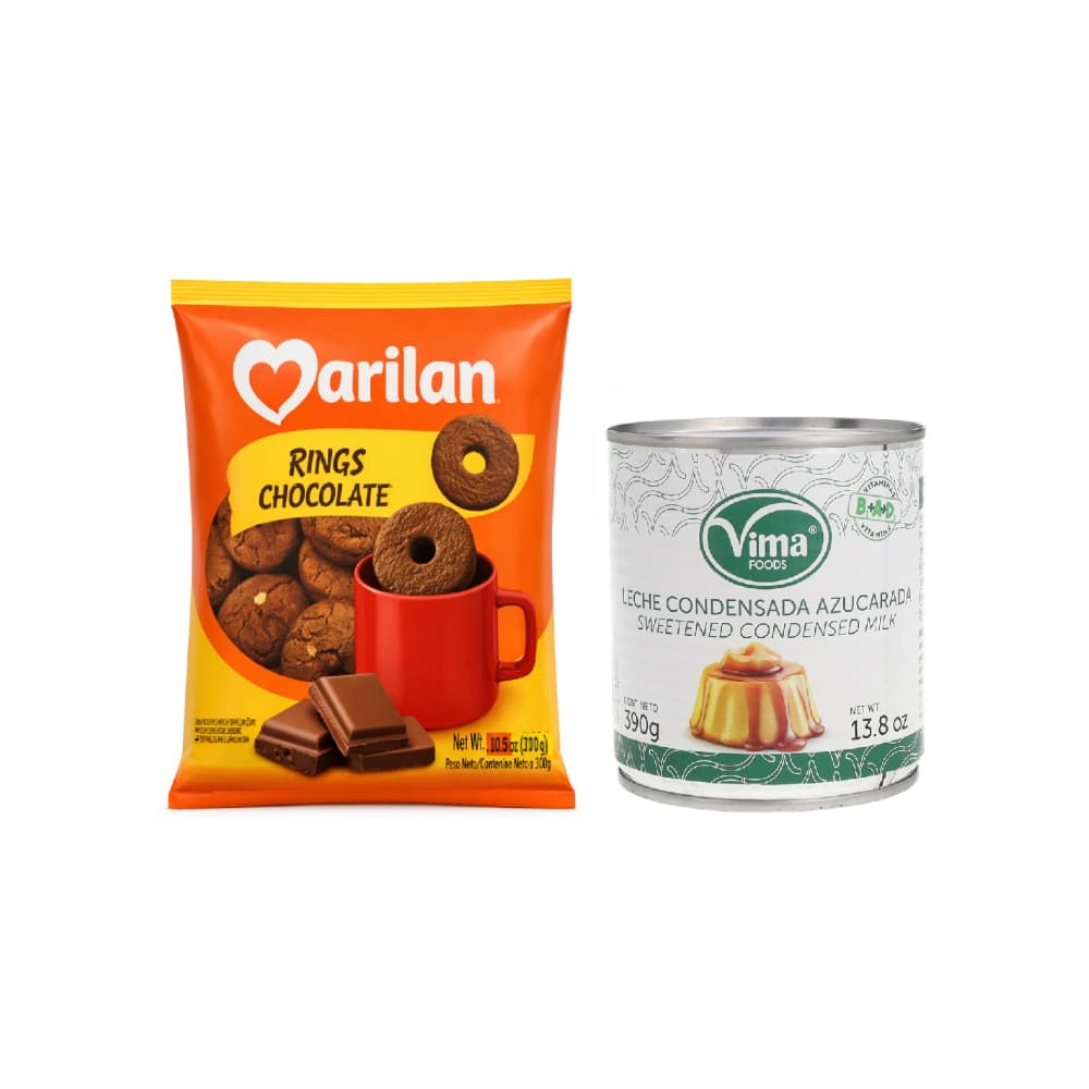 Leche condensada azucarada Vima Foods (390 g / 13.8 oz) + Galleta de chocolate con forma de rosquilla Rings Marilan (300 g / 10.58 oz) - Miniatura 1
