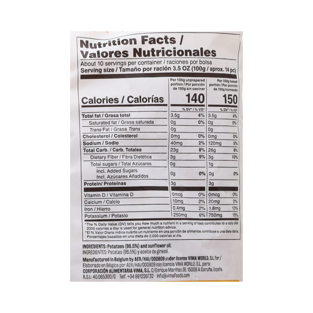 Patatas -papas- prefritas congeladas Vima Foods (1 kg / 2.2 lb) - Miniatura 3