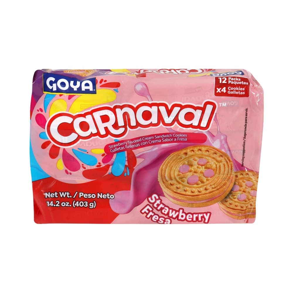 Galletas de vainilla rellenas con crema sabor a fresa Carnaval Goya (403 g / 14.2 oz) - Imagen 1