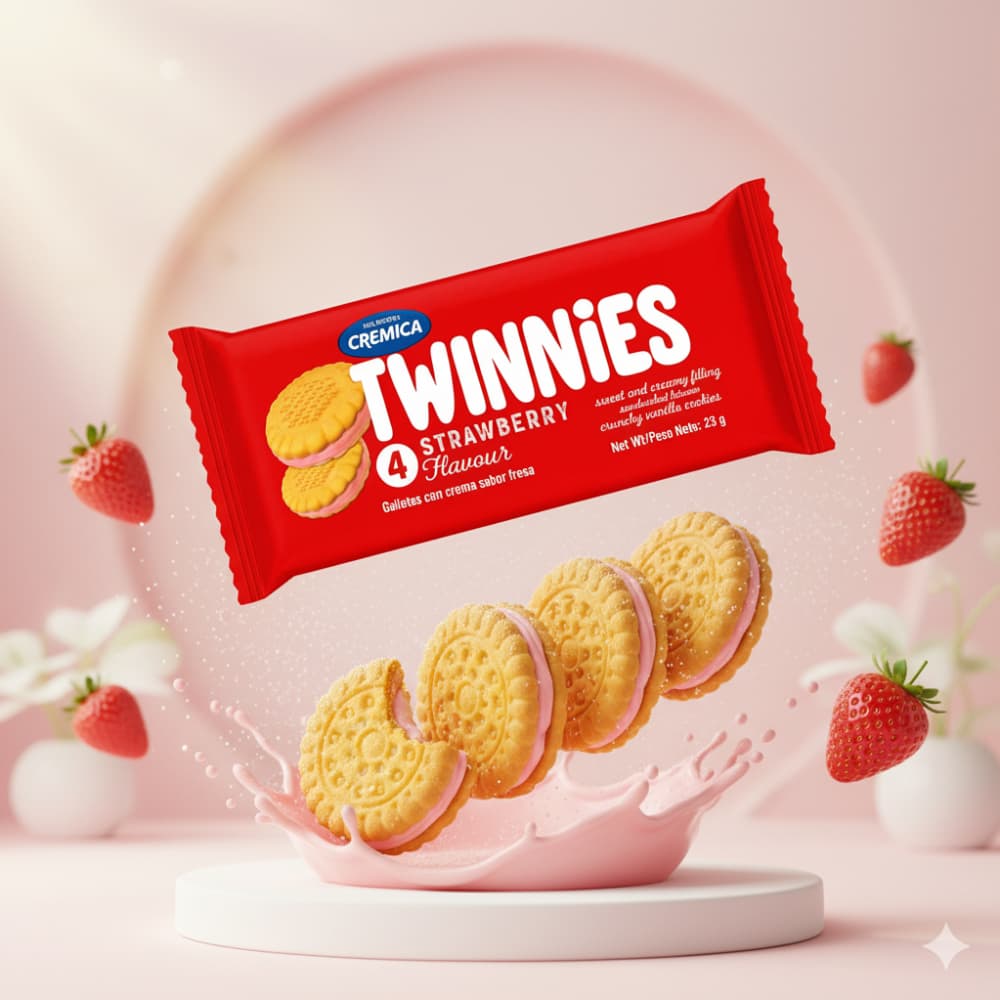 Galletas de vainilla con crema sabor a fresa Twinnies Mrs Bector's Cremica (6 x 23 g / 0.81 oz) - Miniatura 4