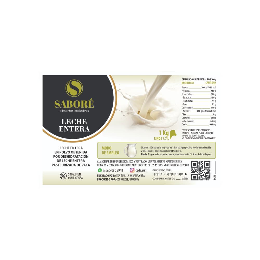 Leche en polvo entera Saboré (1 kg / 2.20 lb) - Miniatura 2
