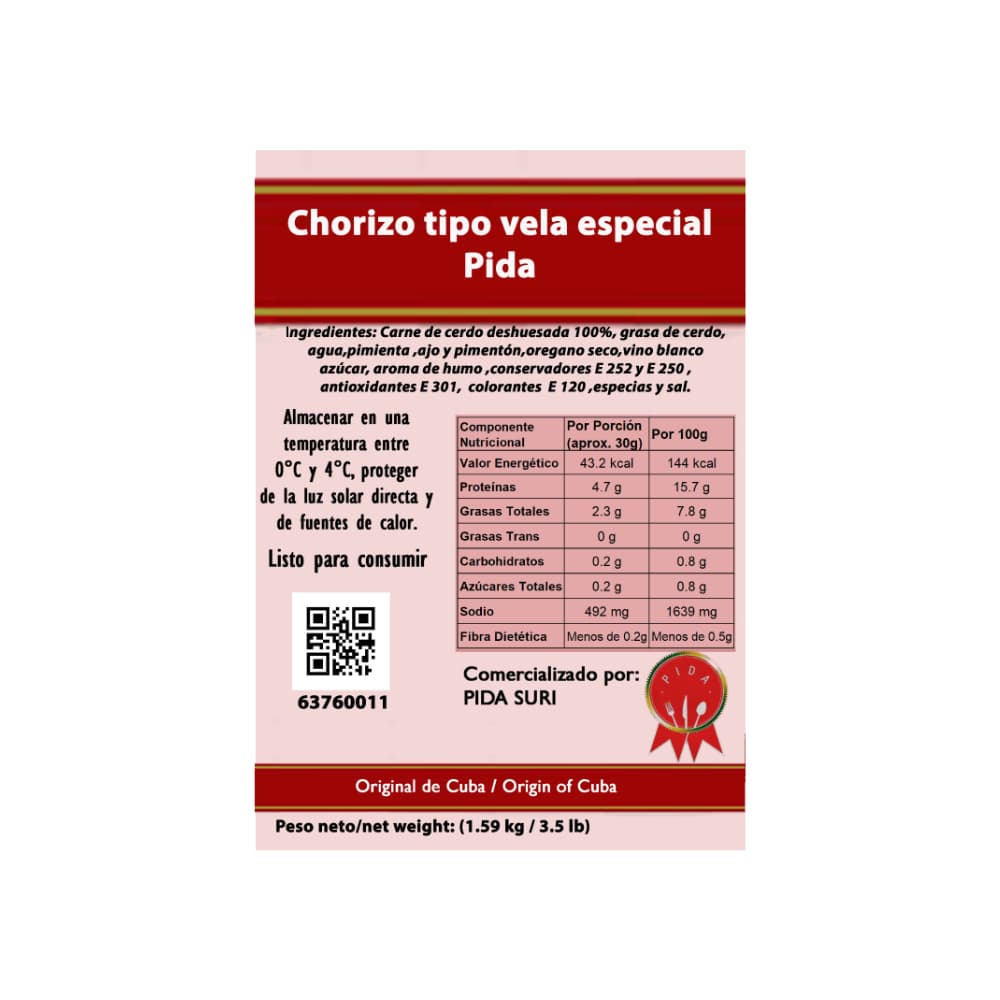 Chorizo tipo vela especial Pida (1.59 kg / 3.5 lb) - Miniatura 3