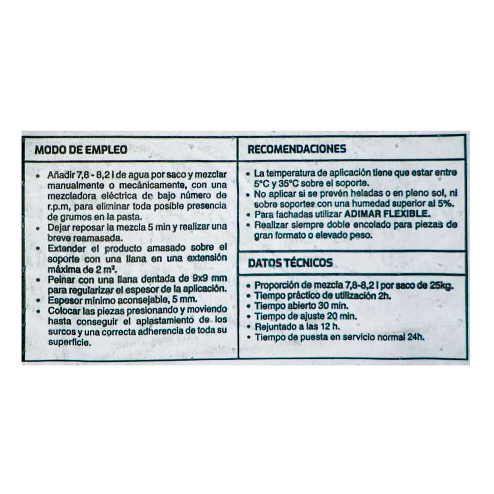 Adhesivo cementoso porcelánico blanco Adimar (25 kg / 55.11 lb) - Miniatura 4