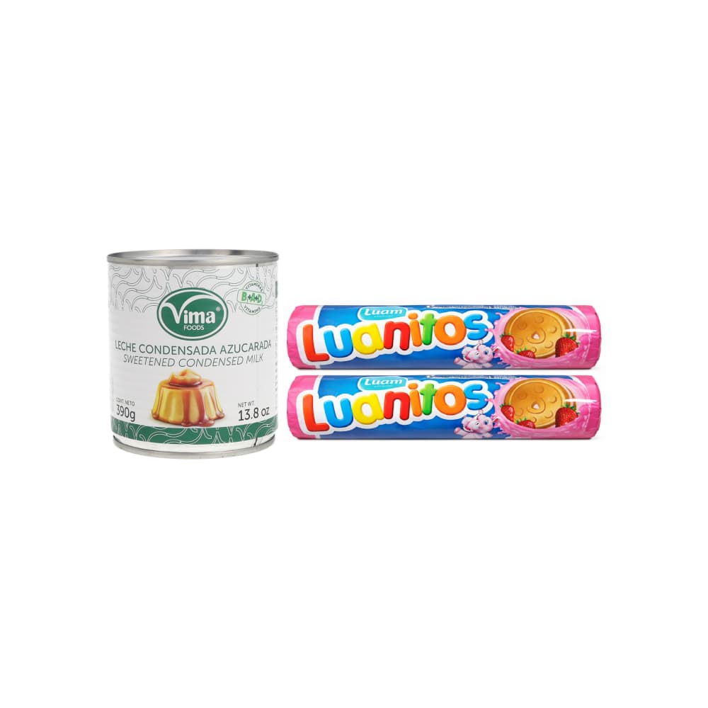 Leche condensada azucarada Vima Foods (390 g / 13.8 oz) + Galletas rellenas sabor fresa Luanitos Luam (2 x 110 g / 3.8 oz) - Miniatura 1