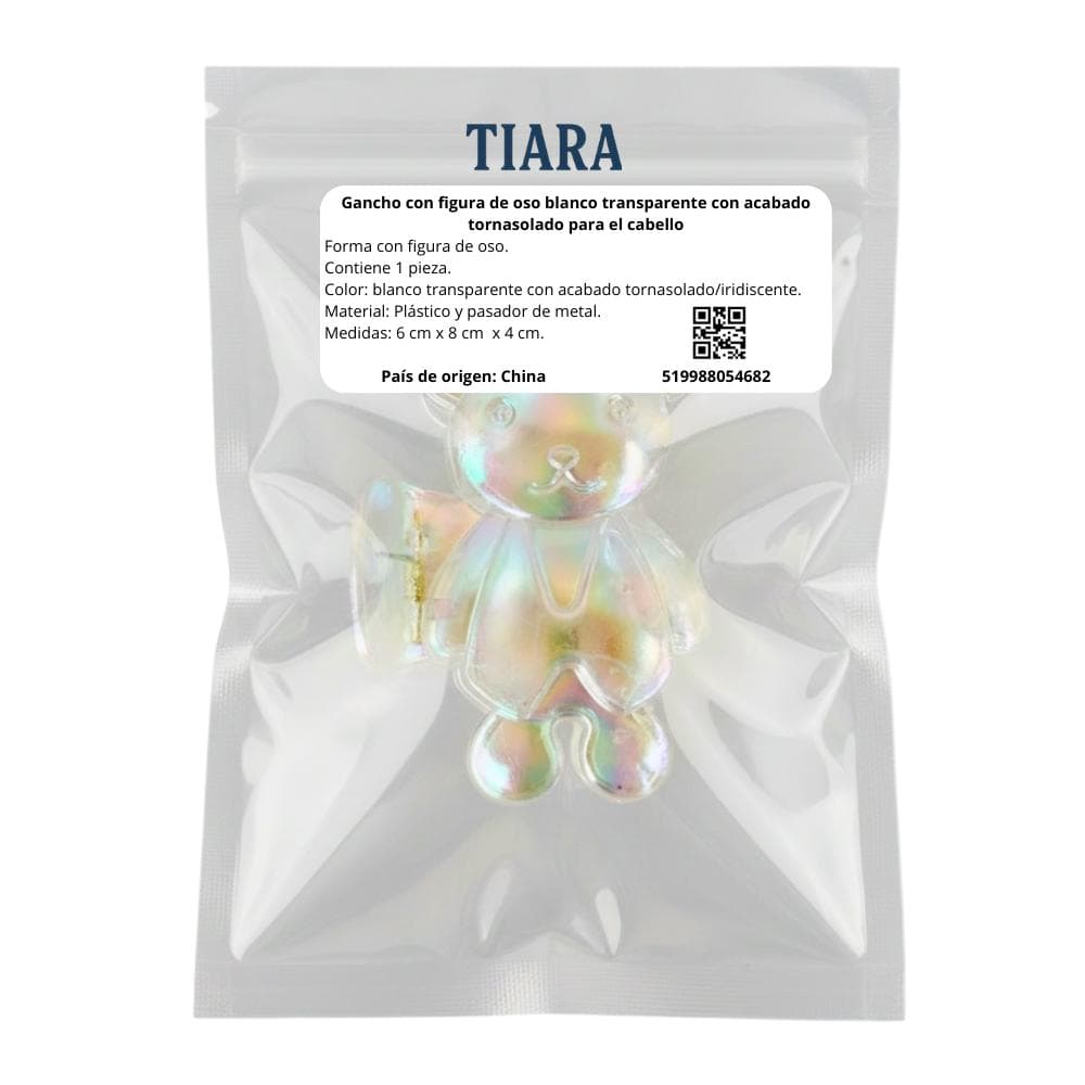 Gancho con figura de oso blanco transparente con acabado tornasolado para el cabello Tiara - Miniatura 4