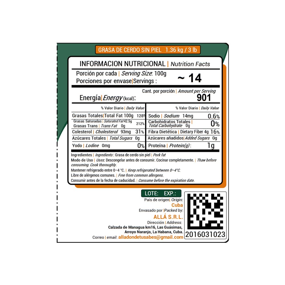 Grasa de cerdo sin piel ALLÁ (1.36 Kg / 3 lb) - Miniatura 3