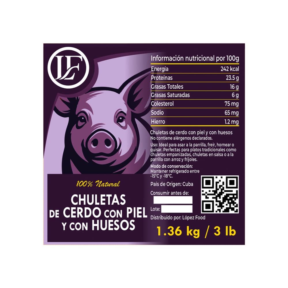 Chuletas de cerdo con piel y con huesos LF (1.36 kg / 3 lb) - Miniatura 2