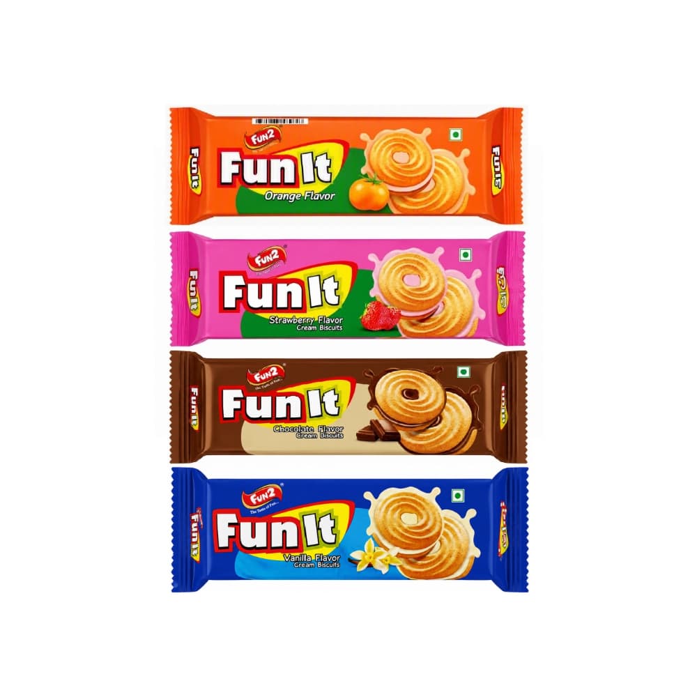 Combo de galletas de crema con sabor a vainilla, fresa, chocolate y naranja Fun It Fun2 (4 x 36 g / 1.27 oz) - Miniatura 1