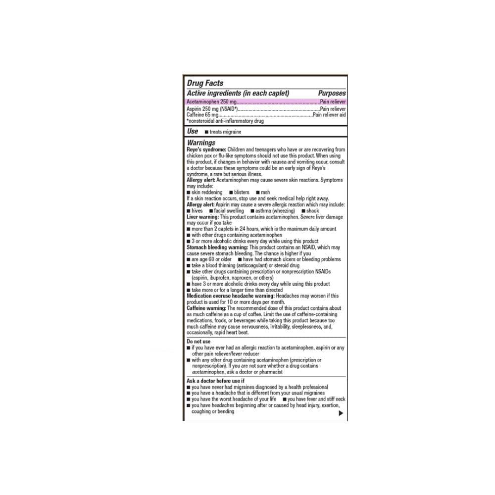 Fórmula para alivio de la migraña: Paracetamol 250 mg + Aspirina 250 mg + Cafeína 65 mg GoodSense (100 tabletas) - Miniatura 2