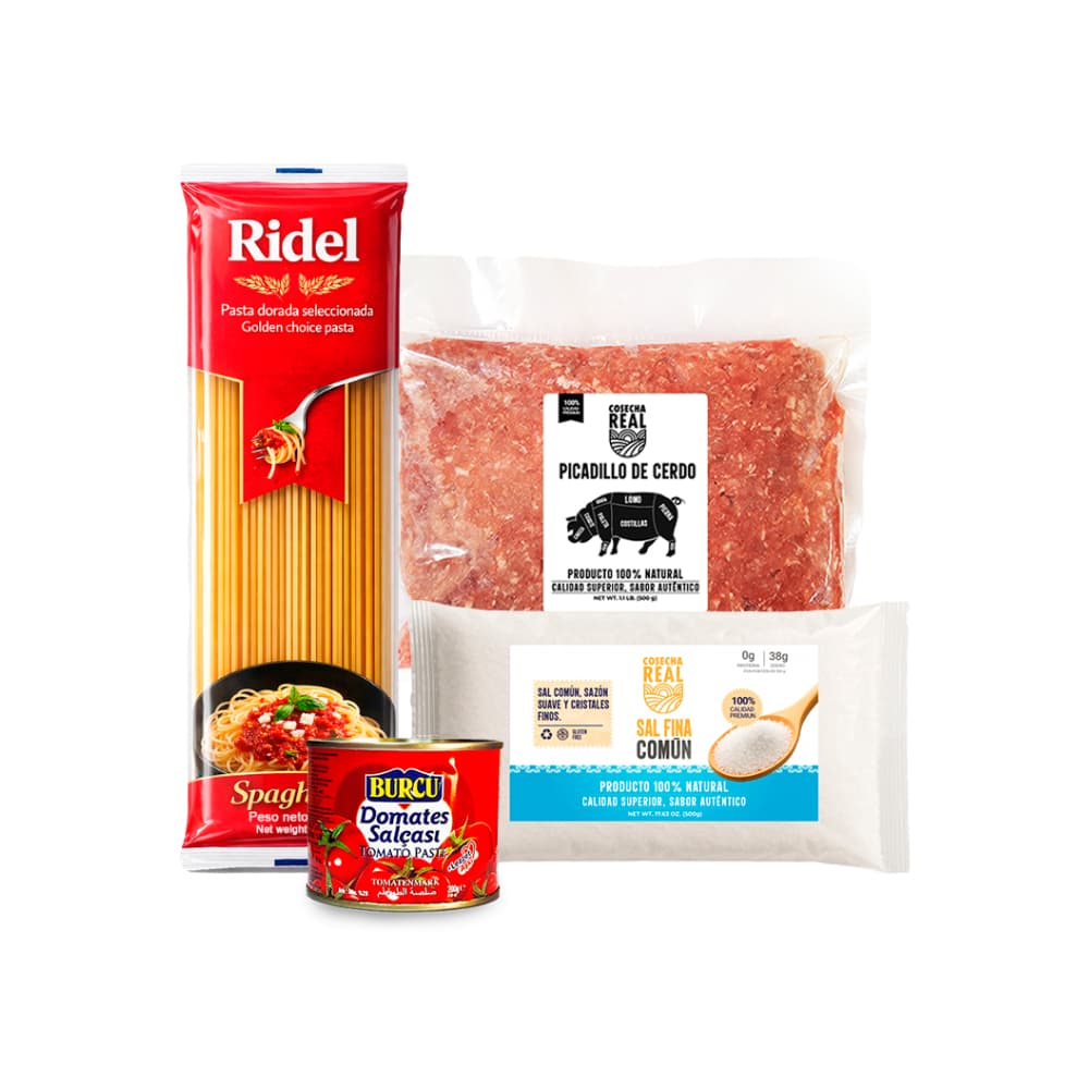 Combo para espaguetis #13: Espaguetis Ridel + Pasta de tomate Burcu + Picadillo de cerdo Cosecha Real + Sal fina comúm Cosecha Real - Miniatura 1
