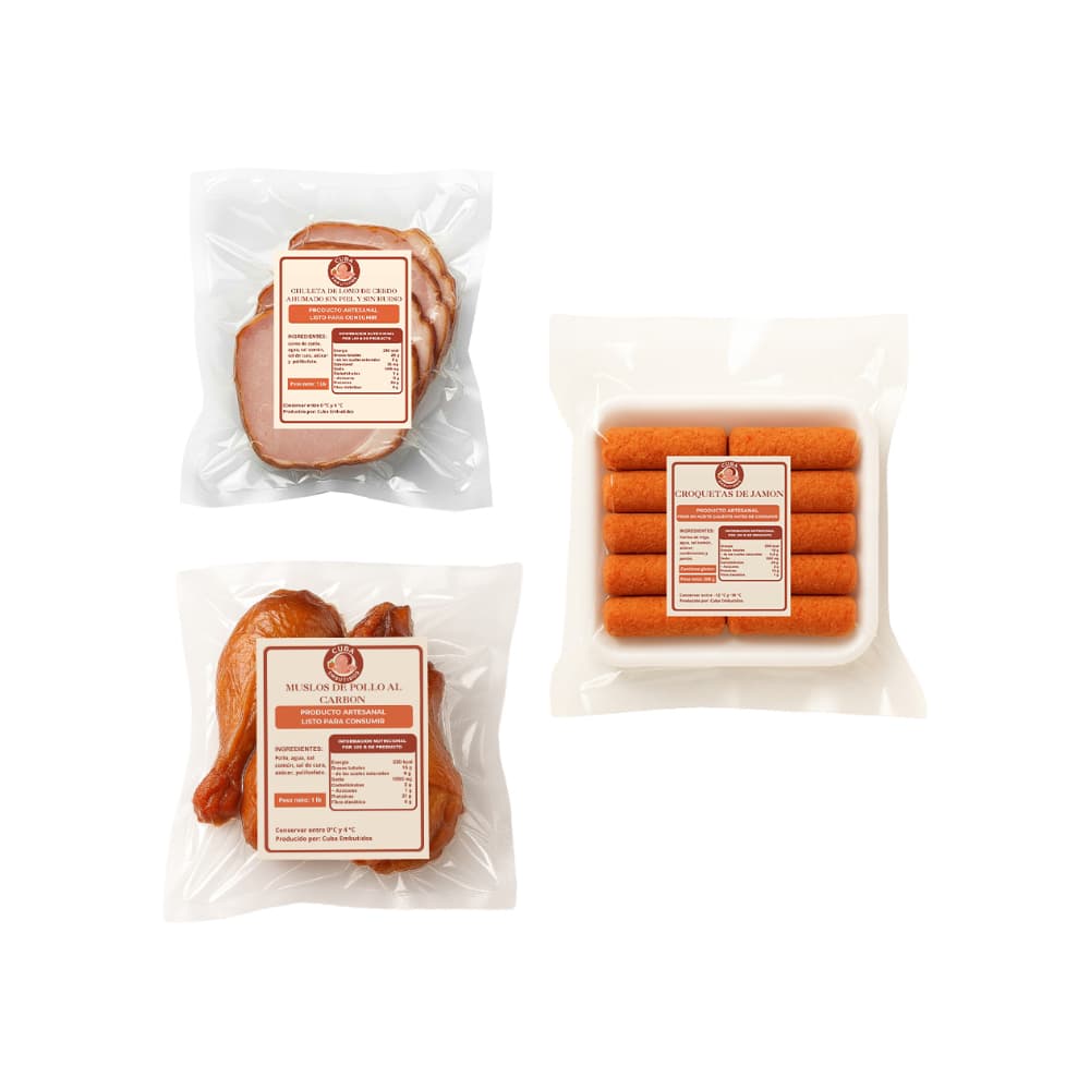 Chuletas de lomo de cerdo ahumado sin piel y sin huesos+ Muslos de pollo al carbón + Croquetas de jamón - Imagen 1