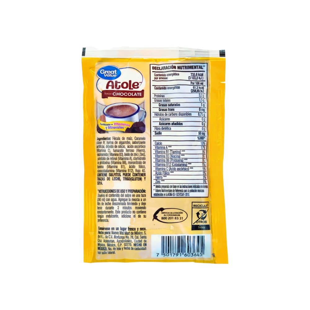 Polvo para preparar atole sabor chocolate fortificado con vitaminas y minerales Great Value (45 g / 1.59 oz) - Miniatura 2