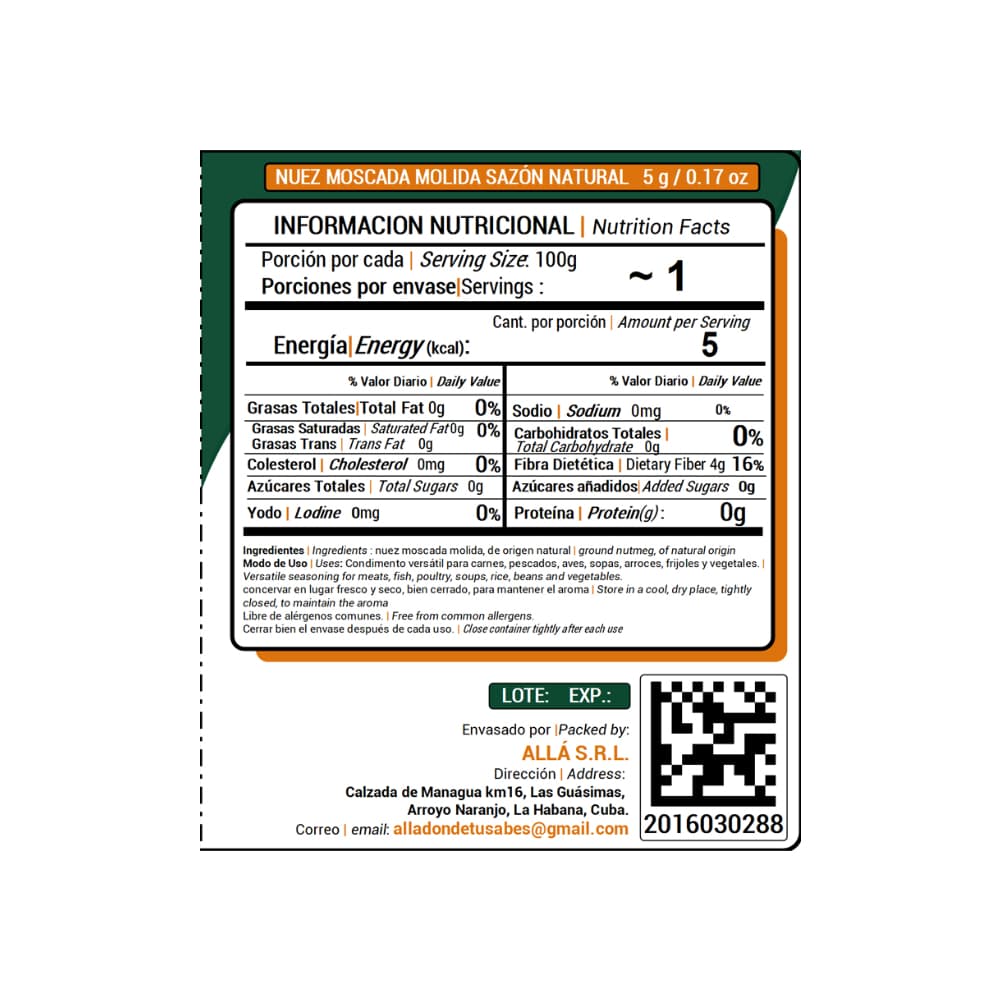 Nuez moscada molida sazón natural ALLÁ (5 g) - Miniatura 4