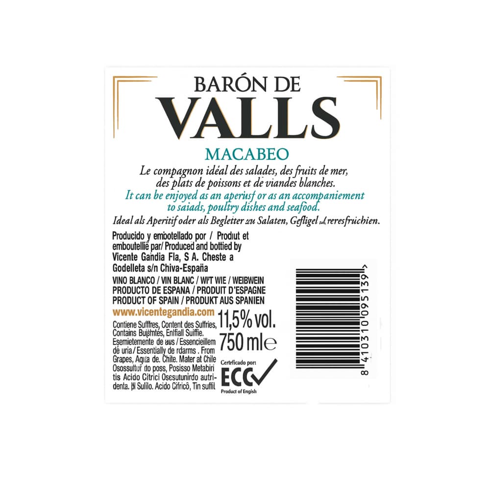 Vino blanco Macabeo Barón de Valls (750 ml) - Miniatura 3