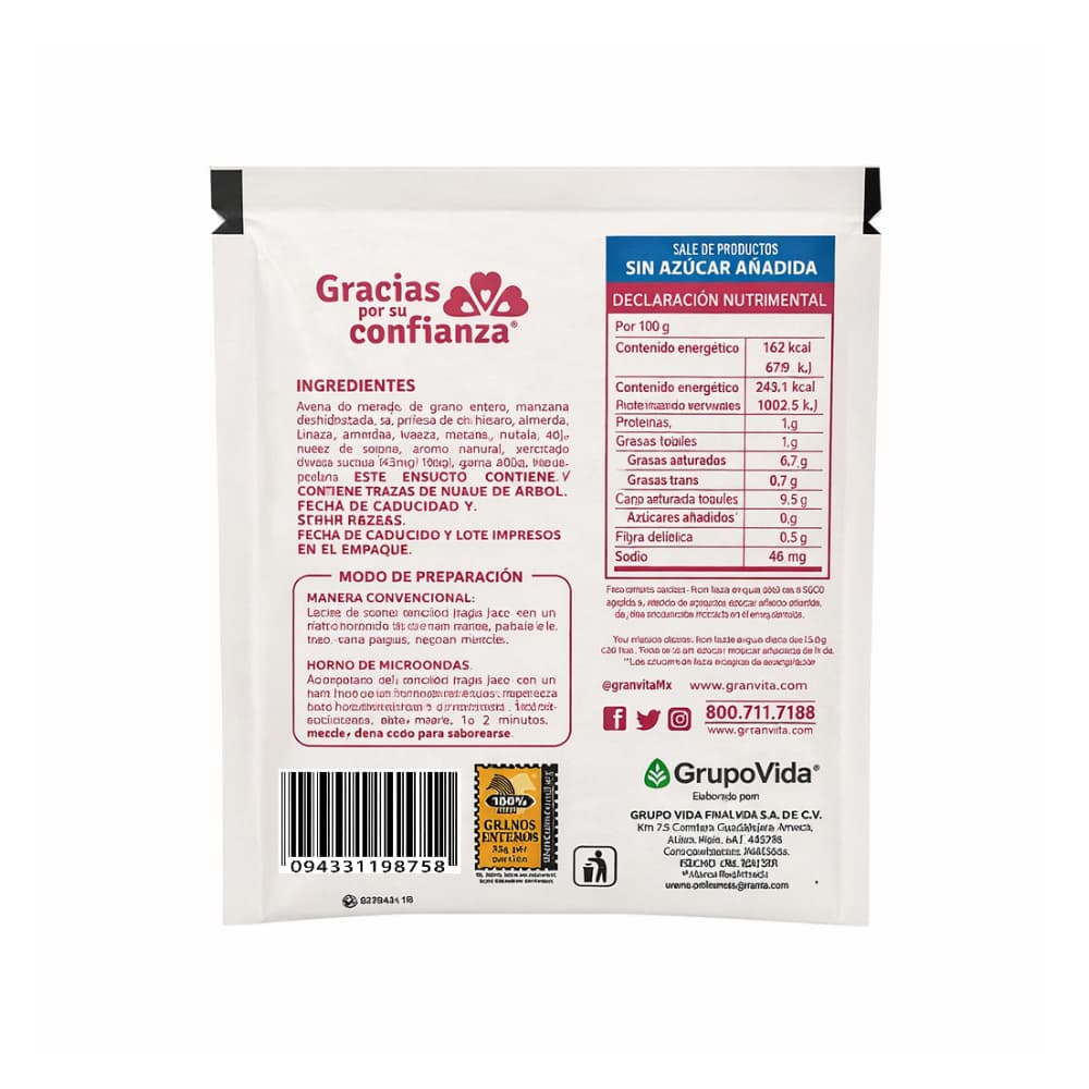 Avena integral instantánea sin azúcar sabor fresa con crema Granvita (35 g / 1.23 oz) - Miniatura 7