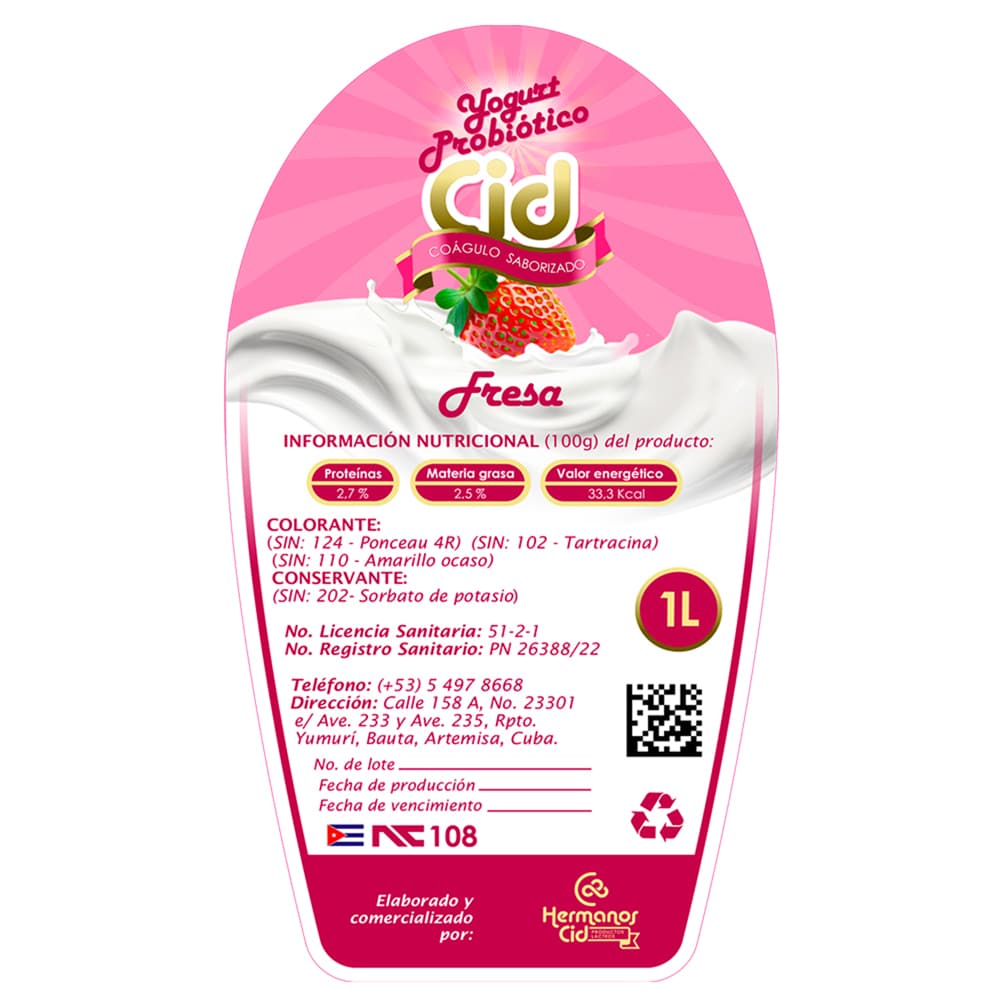 Yogurt probiótico de coágulo saborizado de fresa Cid (1 L) - Miniatura 3