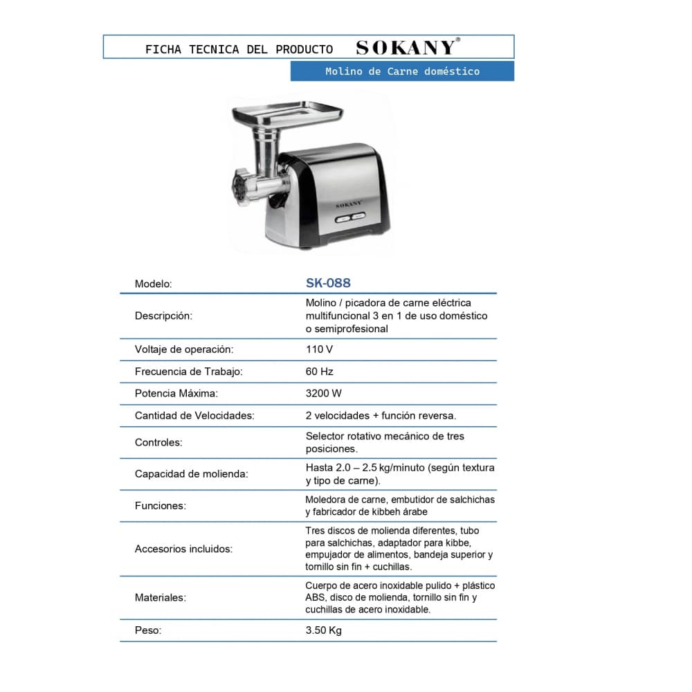 Molino moledor de carne doméstico Sokany SK-088 - Miniatura 3