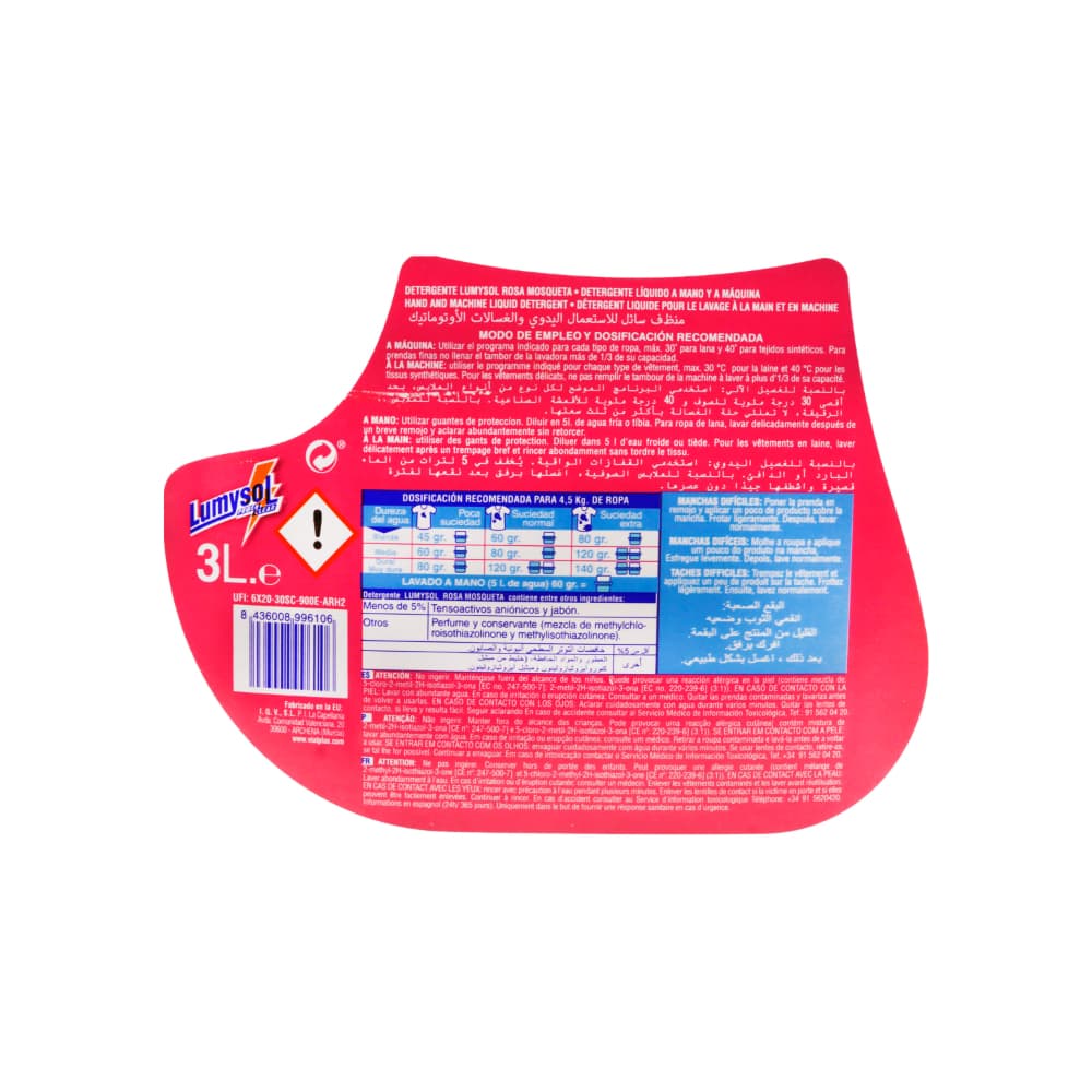 Detergente líquido para ropa blanca y de color rosa mosqueta Lumysol (3 L) - Miniatura 3