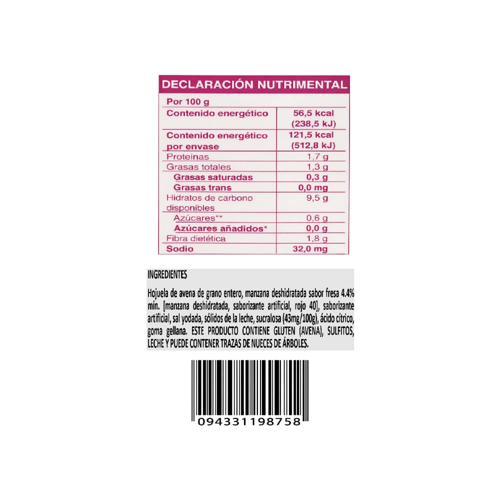 Avena integral instantánea sin azúcar sabor fresa con crema Granvita (35 g / 1.23 oz) - Miniatura 6