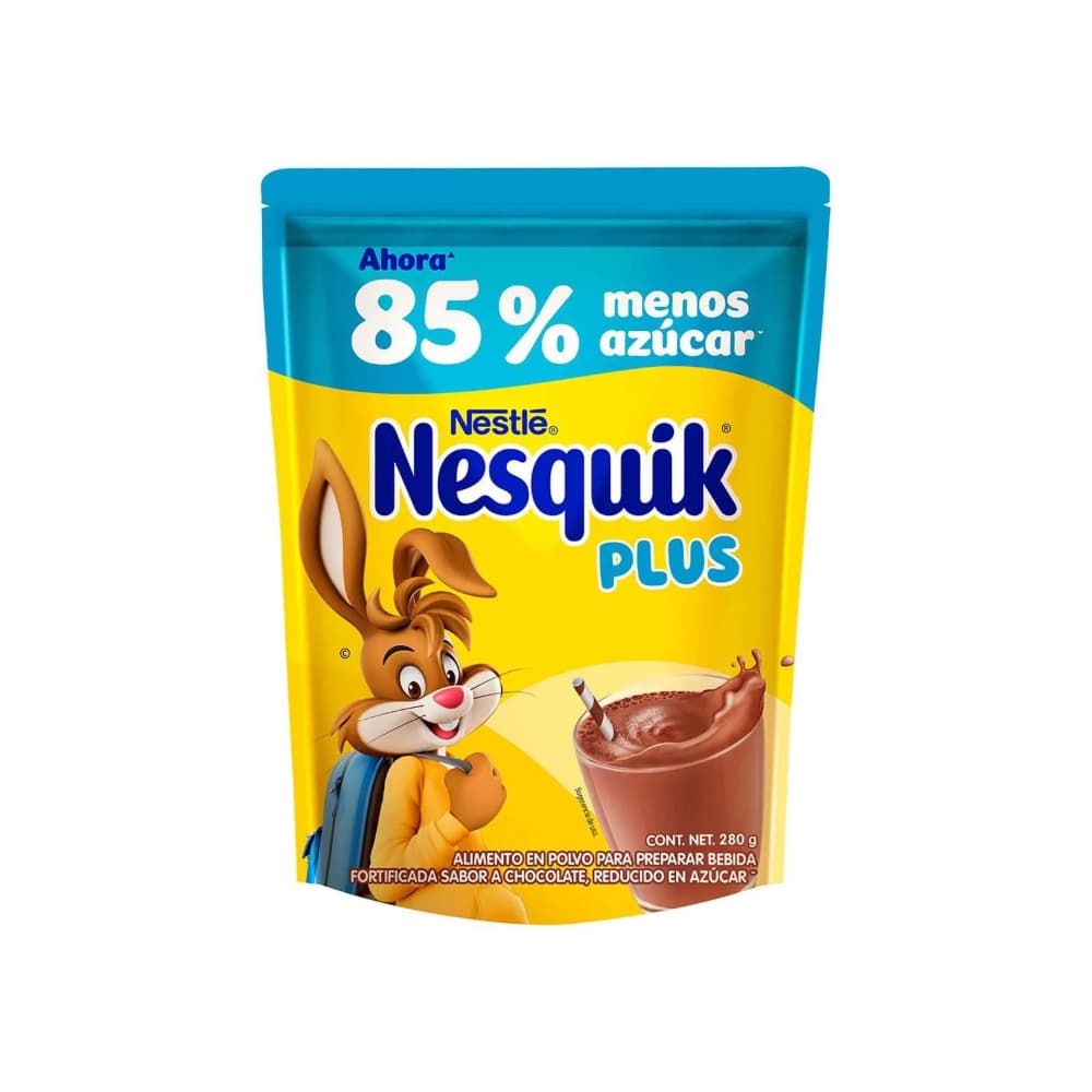 Alimento en polvo para preparar bebida fortificada con sabor a chocolate reducida en azúcar Nestlé Nesquik Plus (280 g / 9.88 oz) - Imagen 1