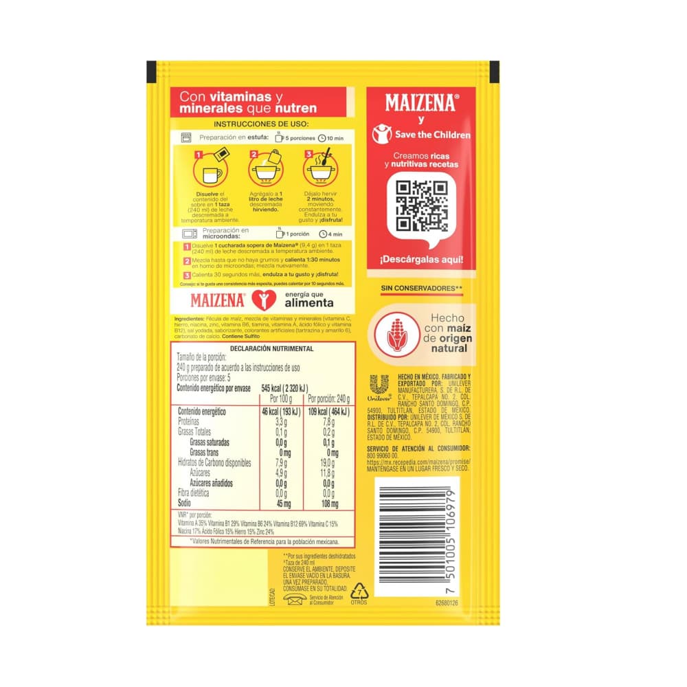 Fécula de maiz para preparar atole fortificado sabor vainilla Maizena (47 g / 1.65 oz) - Miniatura 2