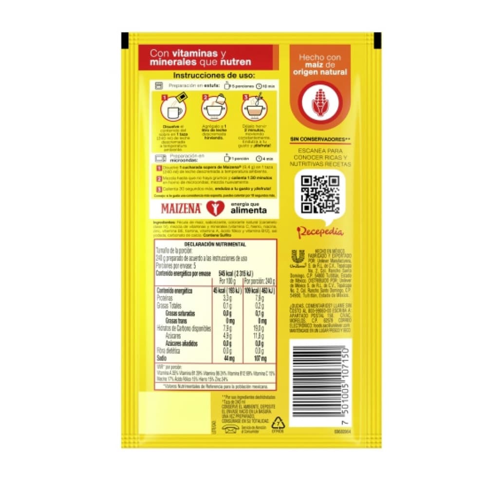 Fécula de maiz para preparar atole fortificado sabor nuez Maizena (47 g / 1.65 oz) - Miniatura 2