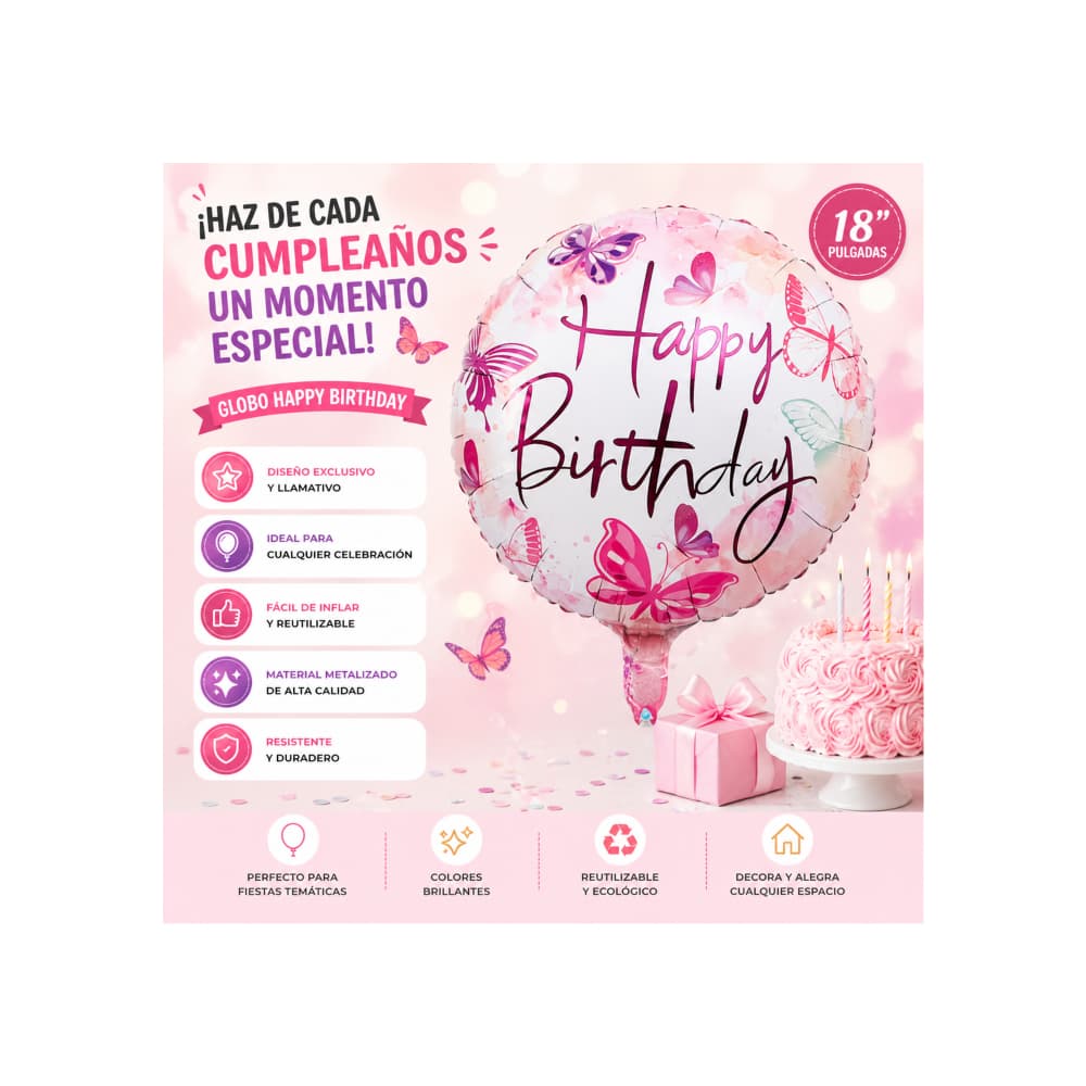 Globo con cartel de Happy birthday y diseño de mariposas Ballon (18 pulgadas) - Miniatura 4