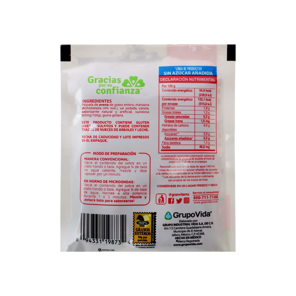 Avena integral instantánea sabor manzana con crema Granvita (35 g / 1.23 oz) - Miniatura 4