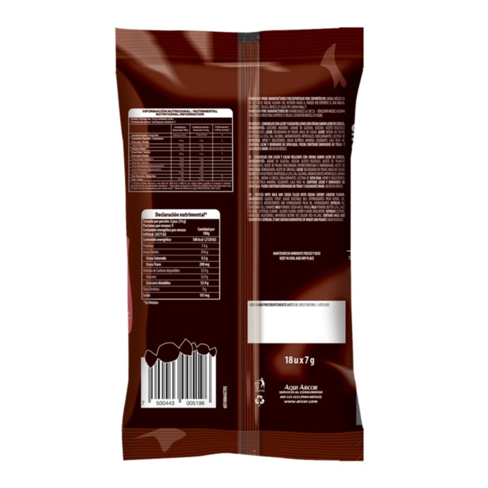 Caramelos con leche y cacao rellenos con crema sabor licor de cereza Arcor (126 g / 4.44 oz) - Miniatura 2