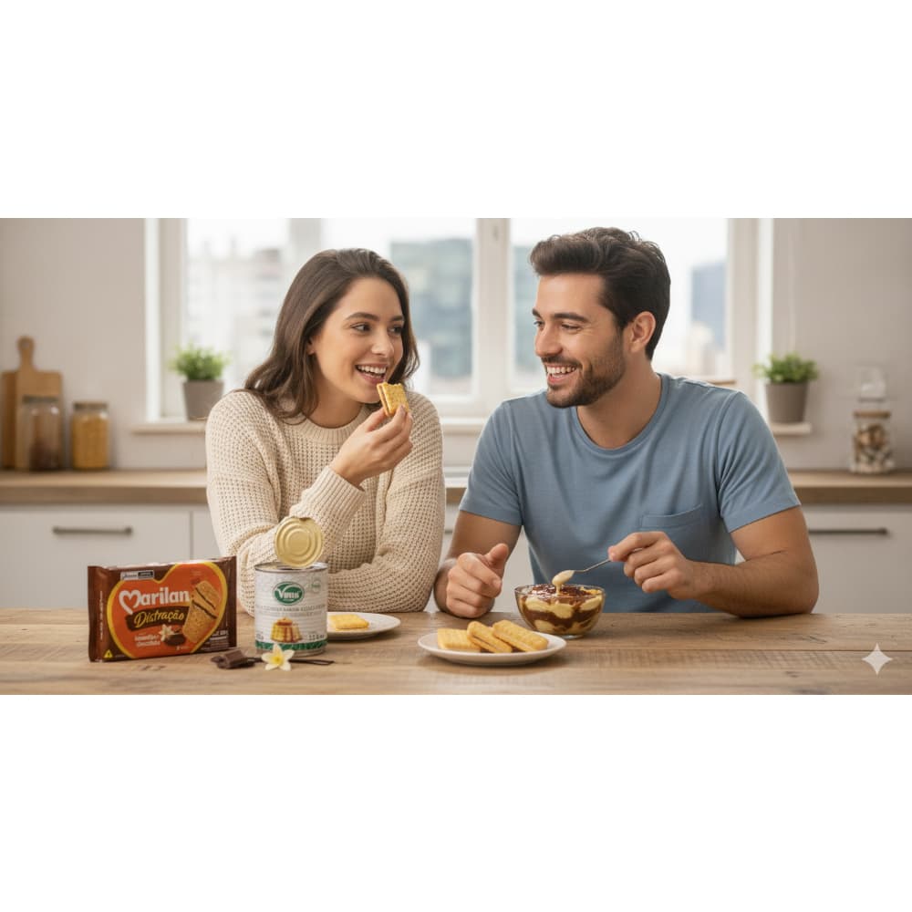 Leche condensada azucarada Vima Foods (390 g / 13.8 oz) + Galleta triple capa sabor vainilla con chocolate Distracao Marilan (280 g / 9.88 oz) - Miniatura 4