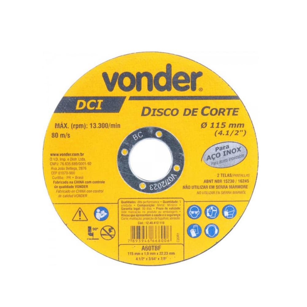 Disco de corte DCI INOX 115 mm Vonder - Imagen 1