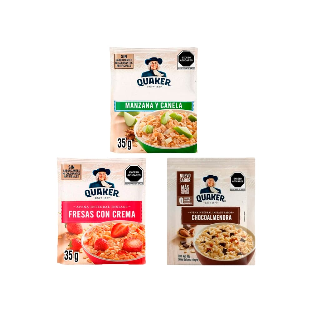 Combo de cereales de desayuno Quaker sabor manzana y canela (40 g / 1,41 oz) + chocoalmendra (40 g / 1,41 oz) + fresas con crema (35 g / 1,23 oz) - Miniatura 1