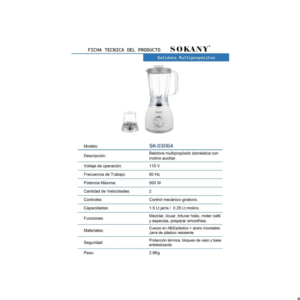 Batidora multipropósito con picador Sokany SK-03064 - Miniatura 3