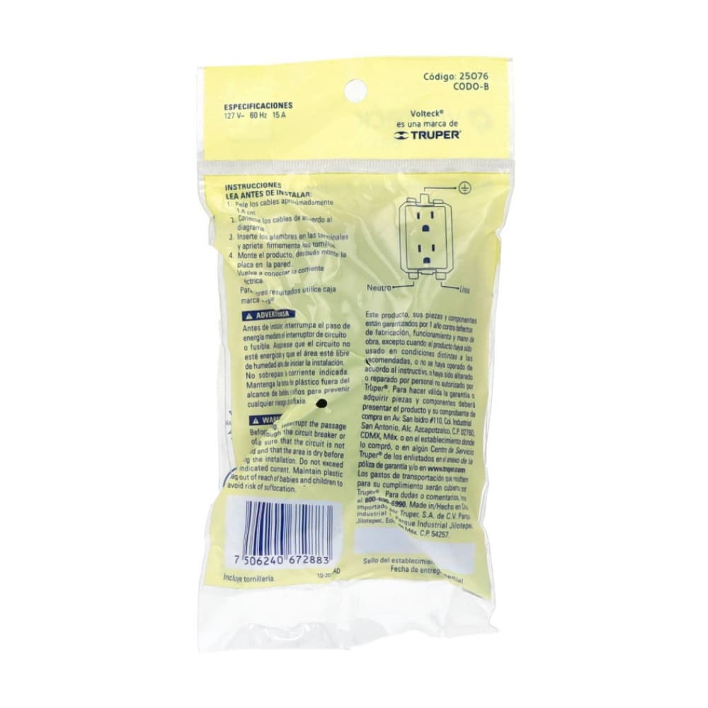 Tomacorriente doble polarizado con conexión a tierra Volteck CODO-B - Miniatura 2