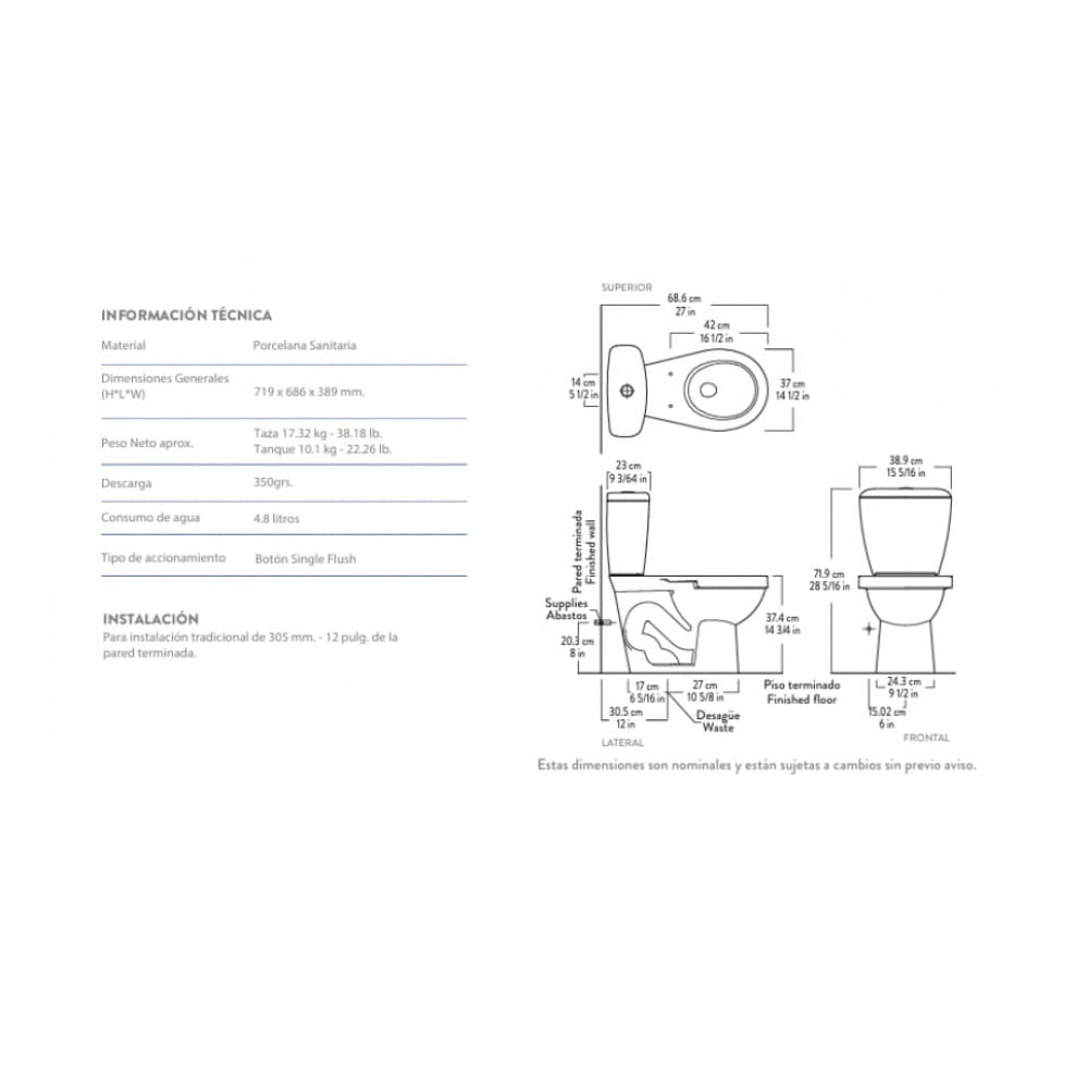 Inodoro de dos piezas blanco Corona Laguna - Miniatura 4