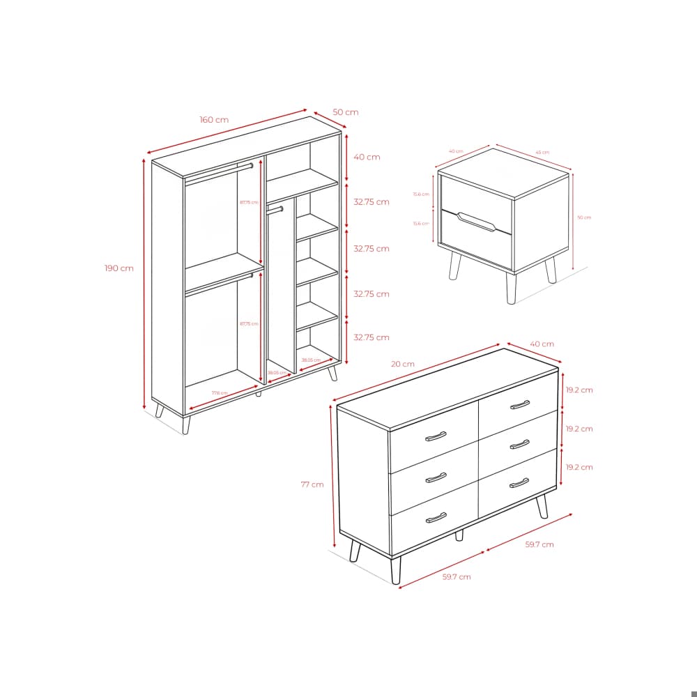 Juego de cuarto #1 Sail: armario + gavetero tipo cómoda + 2 mesitas de noche - Miniatura 4