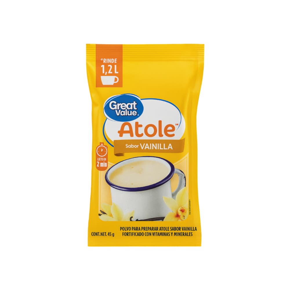 Polvo para preparar atole sabor vainilla fortificado con vitaminas y minerales Great Value (45 g / 1.59 oz) - Imagen 1