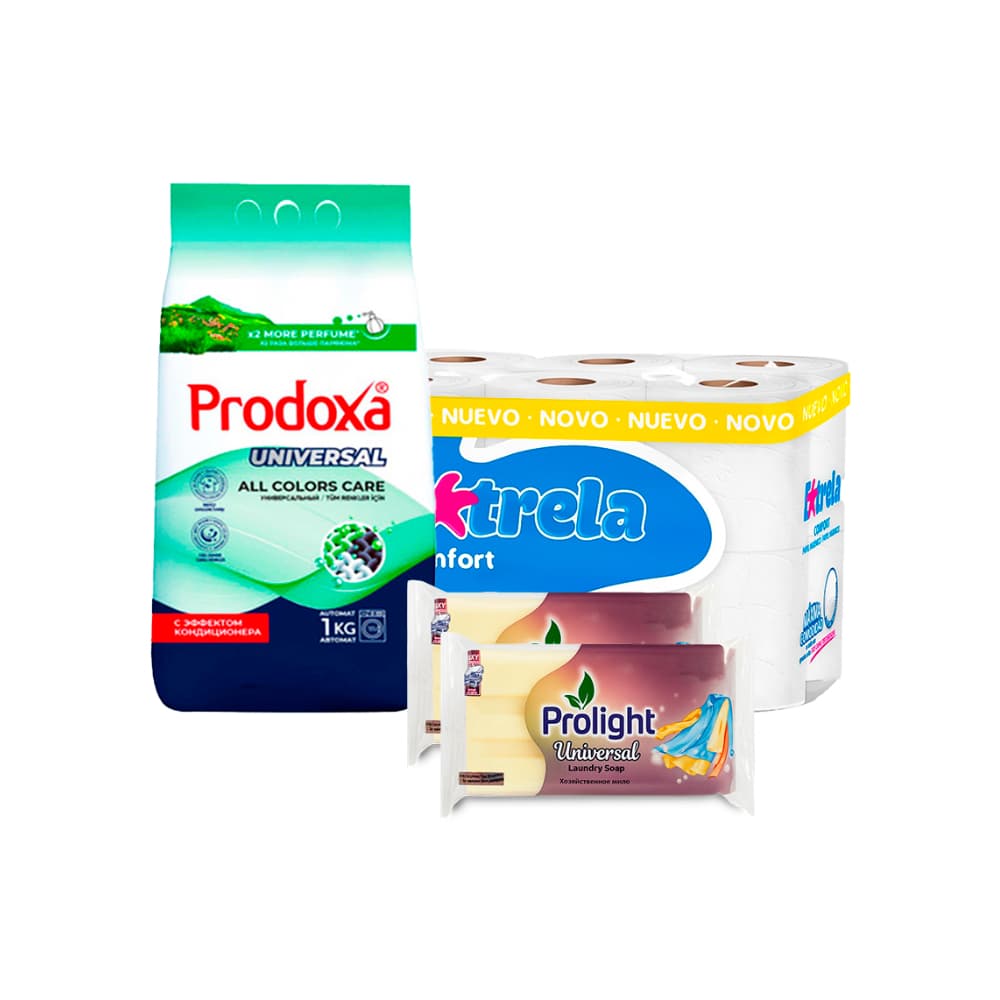 Combo básico del hogar #6: Detergente en polvo Prodoxa + Papel sanitario Extrela + Jabón de lavar con enzimas Prolight - Imagen 1