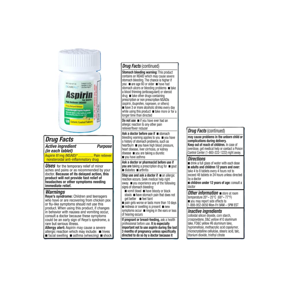 Aspirina. Ácido acetilsalicílico 81 mg CAREALL (120 tabletas) - Miniatura 3