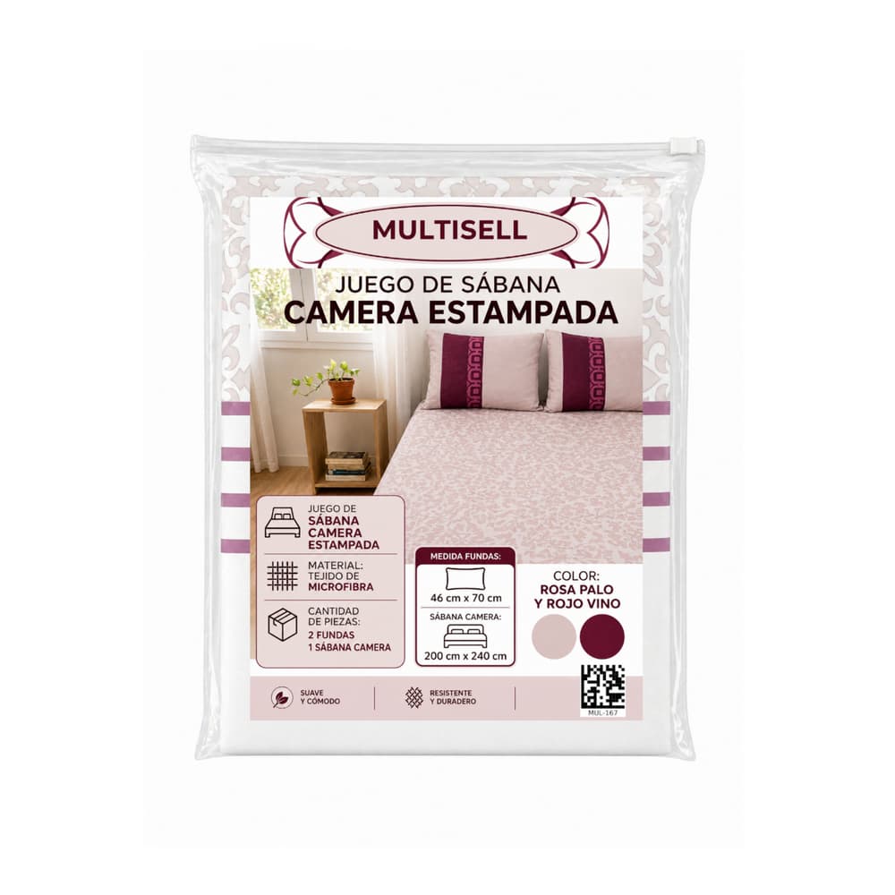 Juego de 3 piezas de sábanas estampadas color rosa palo y rojo vino Multisell - Miniatura 1