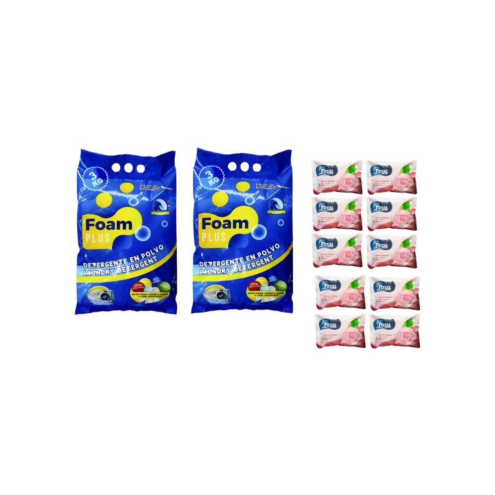 Combo Detergente en Polvo Foam Plus (2 x 3 kg) +  Jabón de tocador de rosas Total Care (10 x 75 g / 2.6 oz) - Imagen 1