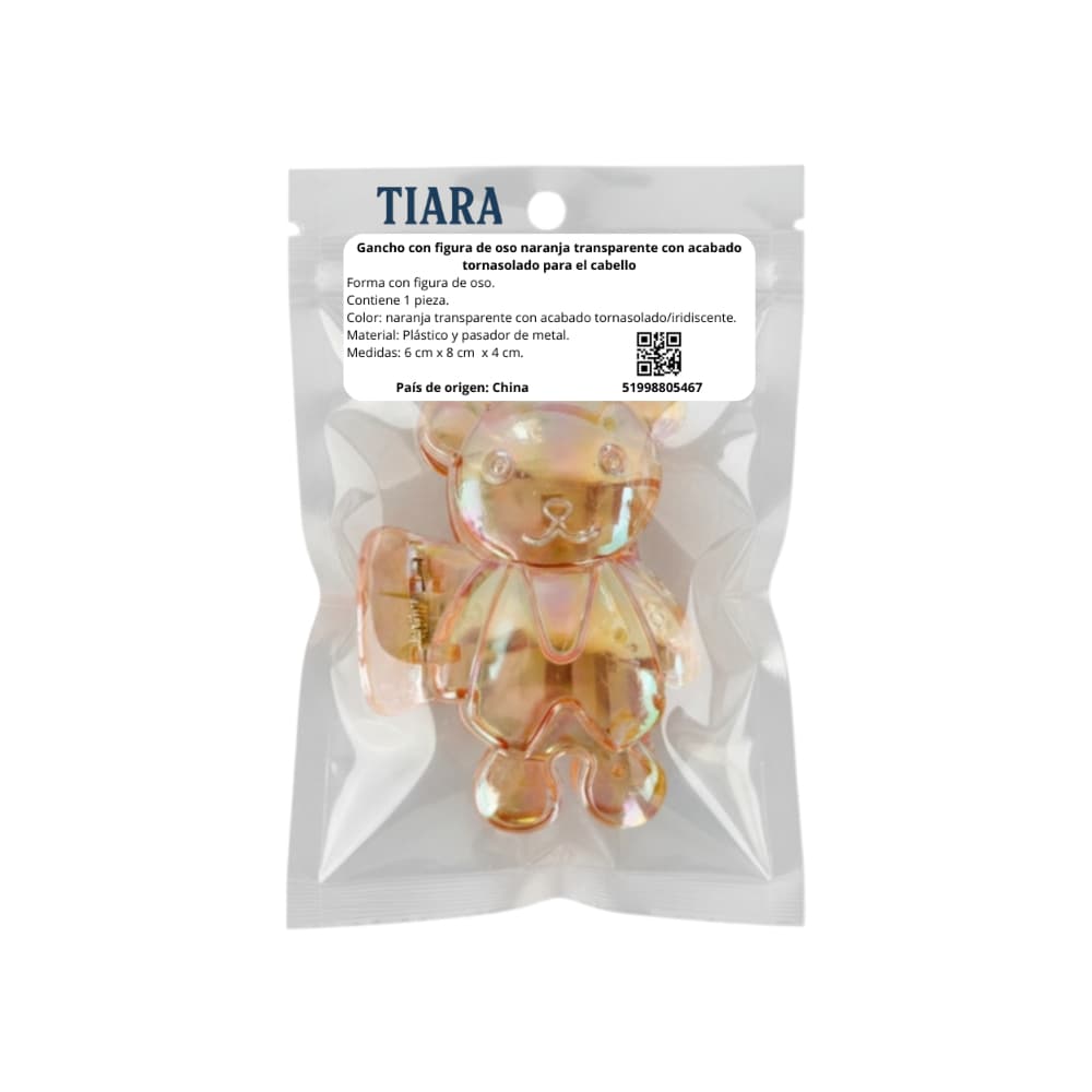 Gancho con figura de oso naranja transparente con acabado tornasolado para el cabello Tiara - Miniatura 4